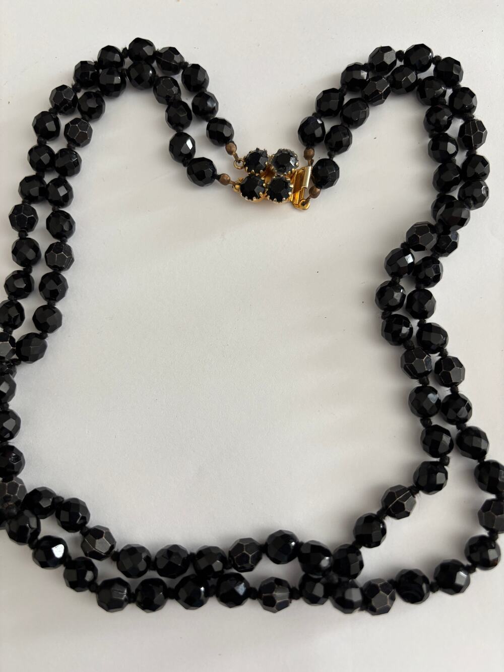 Vintage Austrian Faceted Black Glass Beads Necklace Fouble Strand